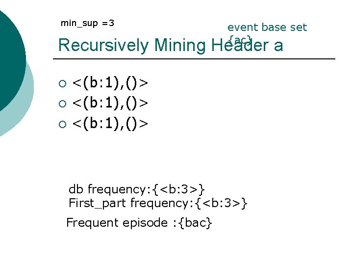min_sup =3 event base set {ac} Recursively Mining Header a <(b: 1), ()> ¡