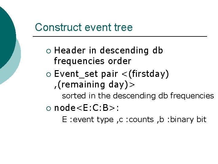 Construct event tree Header in descending db frequencies order ¡ Event_set pair <(firstday) ,