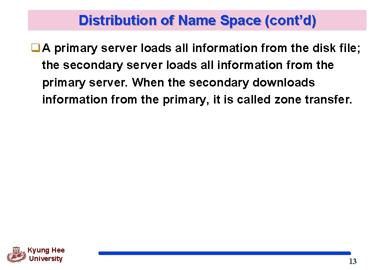 Distribution of Name Space (cont’d) q. A primary server loads all information from the Distribution of Name Space (cont’d) q. A primary server loads all information from the