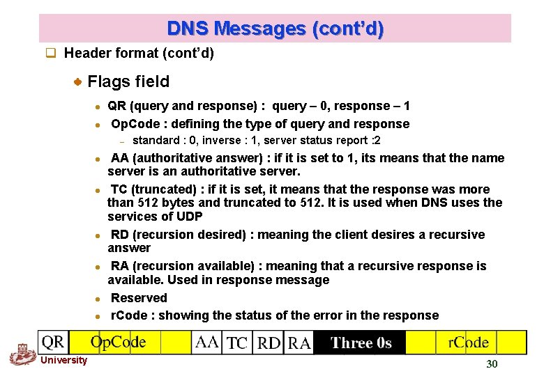 DNS Messages (cont’d) q Header format (cont’d) Flags field l l QR (query and DNS Messages (cont’d) q Header format (cont’d) Flags field l l QR (query and