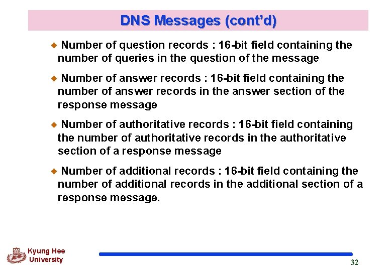 DNS Messages (cont’d) Number of question records : 16 -bit field containing the number DNS Messages (cont’d) Number of question records : 16 -bit field containing the number