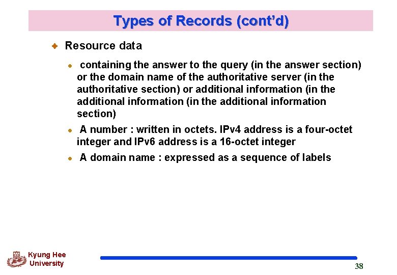 Types of Records (cont’d) Resource data l l l Kyung Hee University containing the Types of Records (cont’d) Resource data l l l Kyung Hee University containing the