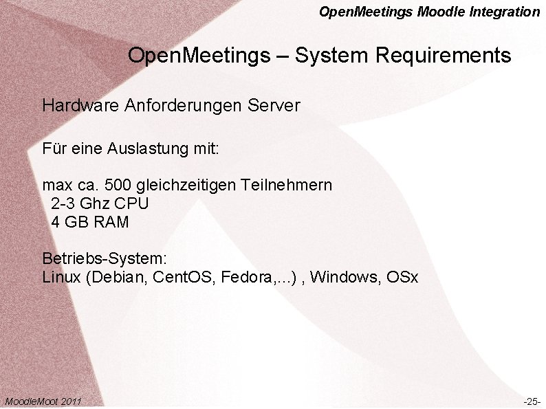 Open. Meetings Moodle Integration Open. Meetings – System Requirements Hardware Anforderungen Server Für eine