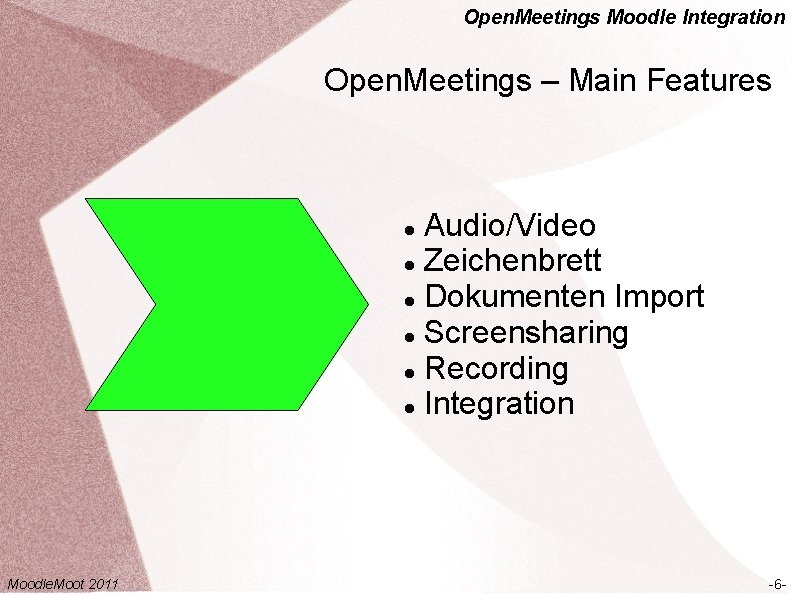 Open. Meetings Moodle Integration Open. Meetings – Main Features Audio/Video Zeichenbrett Dokumenten Import Screensharing