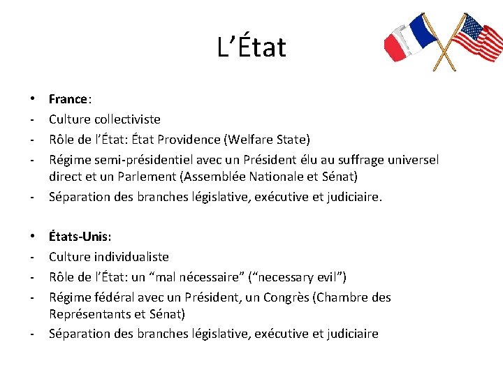 L’État • • - France: Culture collectiviste Rôle de l’État: État Providence (Welfare State)