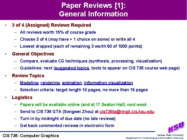 Paper Reviews [1]: General Information • 3 of 4 (Assigned) Reviews Required – All