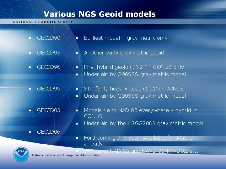 Various NGS Geoid models • GEOID 90 • Earliest model – gravimetric only •