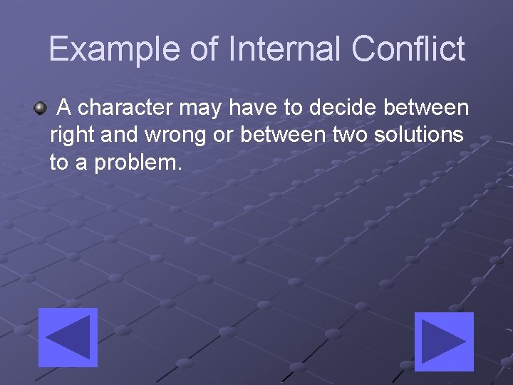 Example of Internal Conflict A character may have to decide between right and wrong