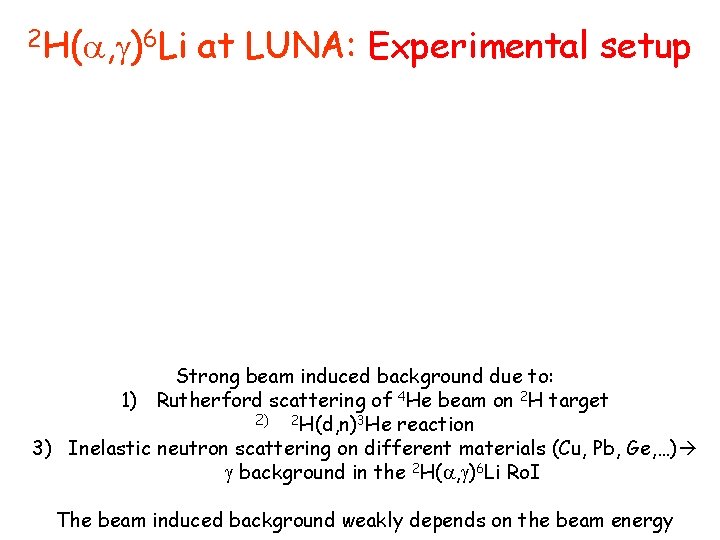 2 H( , )6 Li at LUNA: Experimental setup Strong beam induced background due