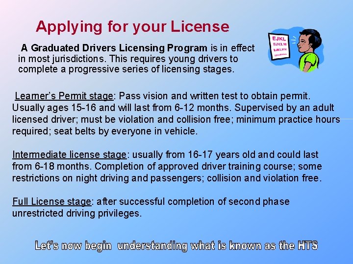 Applying for your License A Graduated Drivers Licensing Program is in effect in most