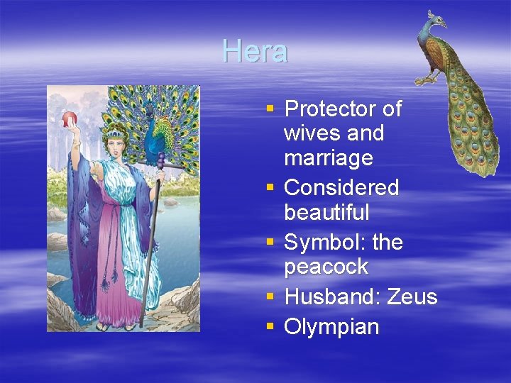 Hera § Protector of wives and marriage § Considered beautiful § Symbol: the peacock