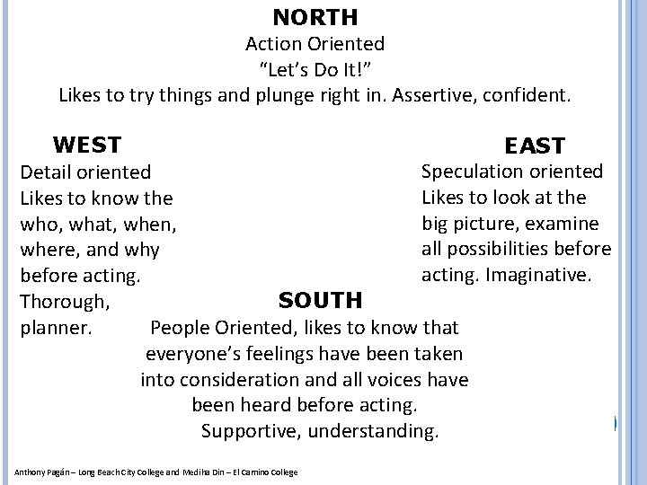 NORTH Action Oriented “Let’s Do It!” Likes to try things and plunge right in.