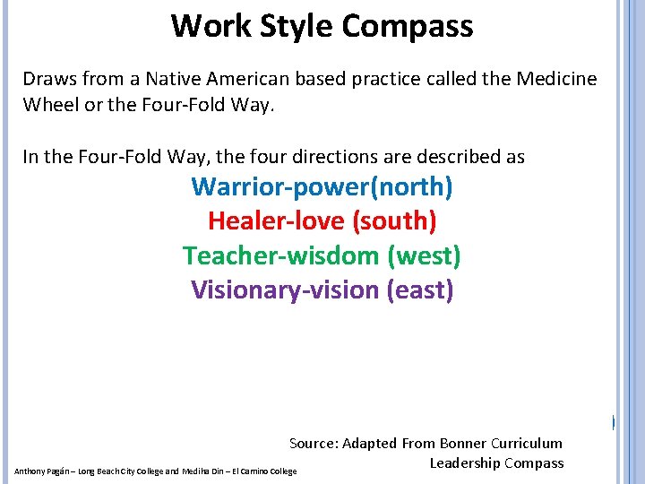 Work Style Compass Draws from a Native American based practice called the Medicine Wheel