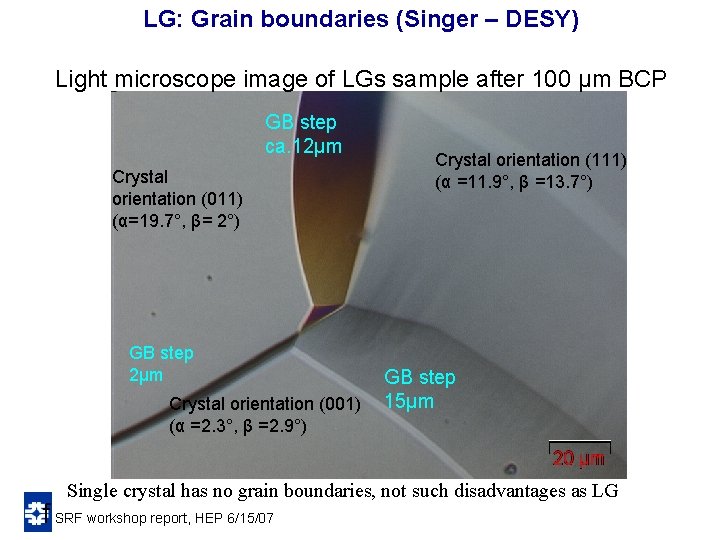 LG: Grain boundaries (Singer – DESY) Light microscope image of LGs sample after 100 LG: Grain boundaries (Singer – DESY) Light microscope image of LGs sample after 100