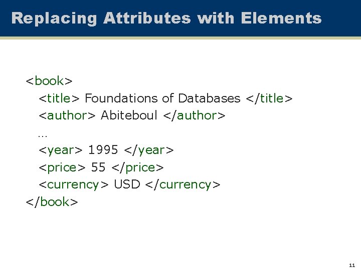 Replacing Attributes with Elements <book> <title> Foundations of Databases </title> <author> Abiteboul </author> …