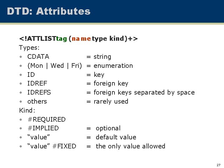 DTD: Attributes <!ATTLISTtag (name type kind)+> Types: • CDATA = string • (Mon |