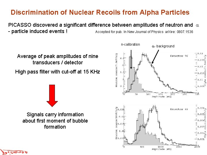 Discrimination of Nuclear Recoils from Alpha Particles PICASSO discovered a significant difference between amplitudes