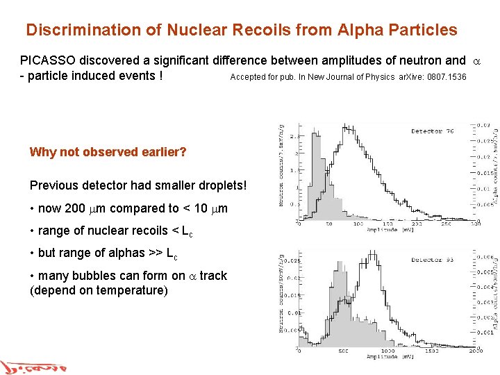 Discrimination of Nuclear Recoils from Alpha Particles PICASSO discovered a significant difference between amplitudes