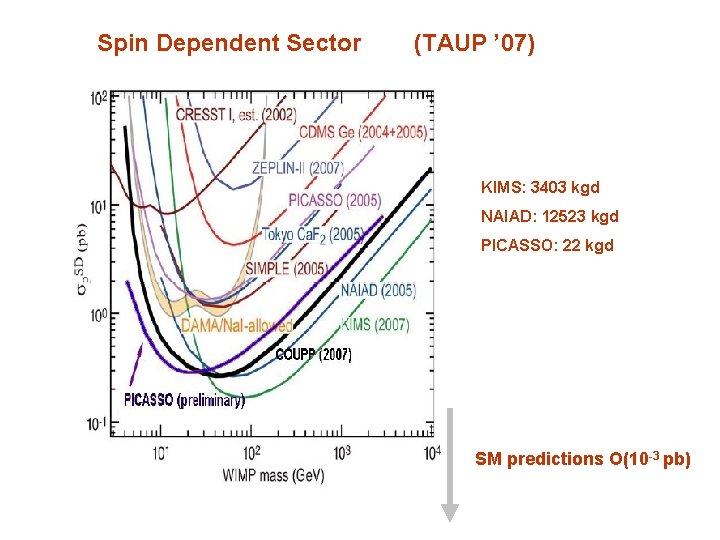 Spin Dependent Sector (TAUP ’ 07) KIMS: 3403 kgd NAIAD: 12523 kgd PICASSO: 22