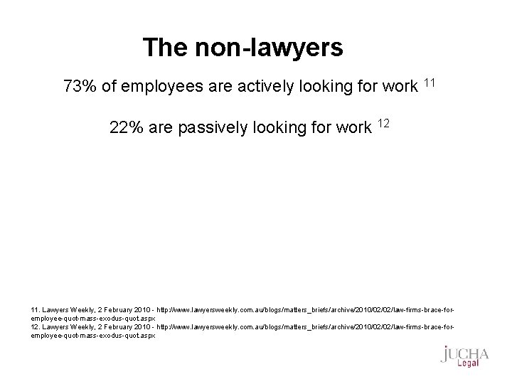 The non-lawyers 73% of employees are actively looking for work 11 22% are passively