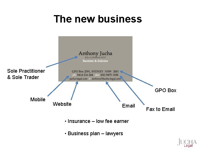 The new business Sole Practitioner & Sole Trader GPO Box Mobile Website Email •