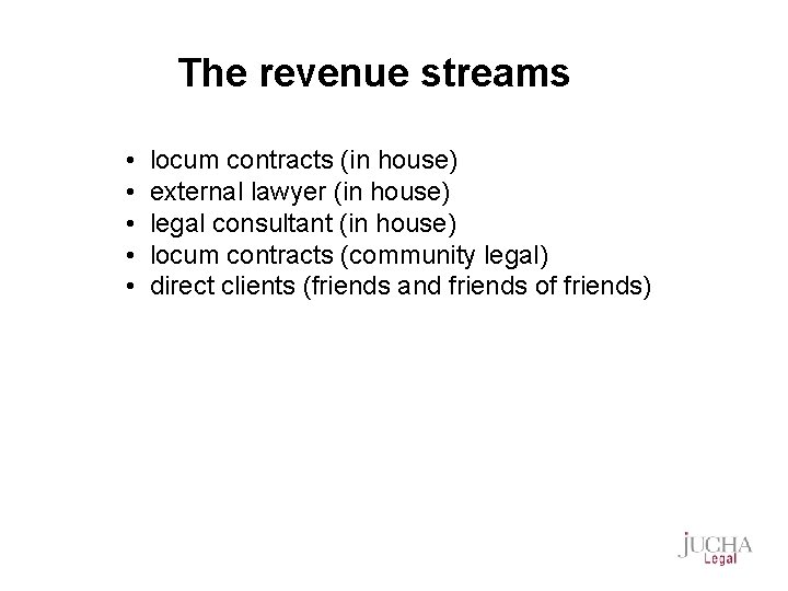 The revenue streams • • • locum contracts (in house) external lawyer (in house)