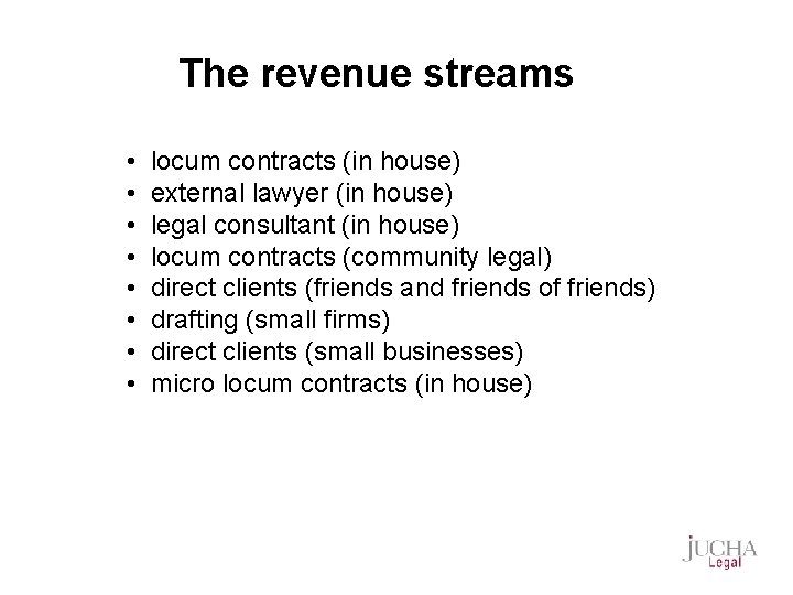 The revenue streams • • locum contracts (in house) external lawyer (in house) legal