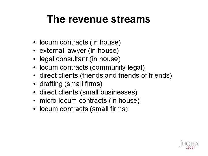 The revenue streams • • • locum contracts (in house) external lawyer (in house)