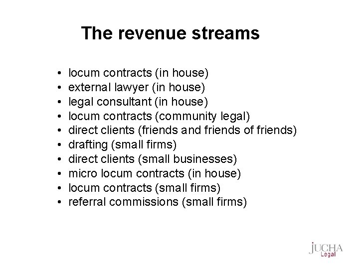 The revenue streams • • • locum contracts (in house) external lawyer (in house)