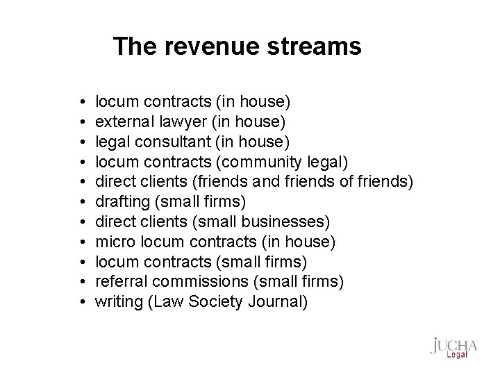 The revenue streams • • • locum contracts (in house) external lawyer (in house)