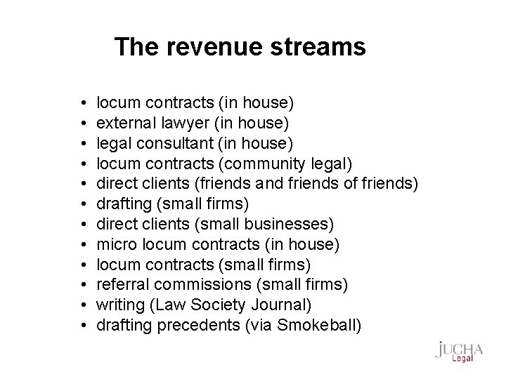 The revenue streams • • • locum contracts (in house) external lawyer (in house)