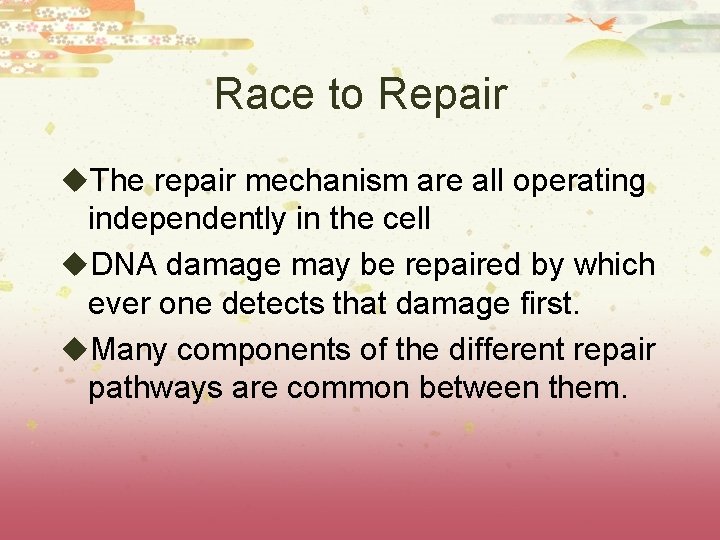 Race to Repair u. The repair mechanism are all operating independently in the cell Race to Repair u. The repair mechanism are all operating independently in the cell