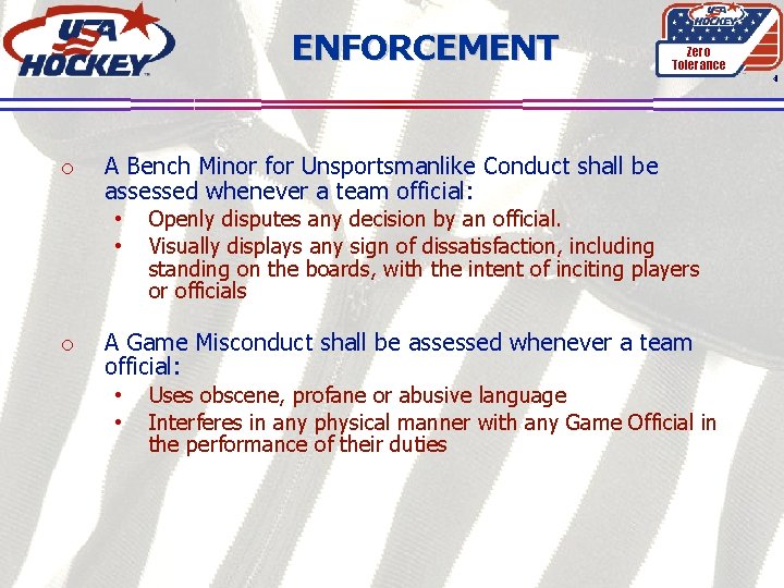 ENFORCEMENT Zero Tolerance 4 o A Bench Minor for Unsportsmanlike Conduct shall be assessed