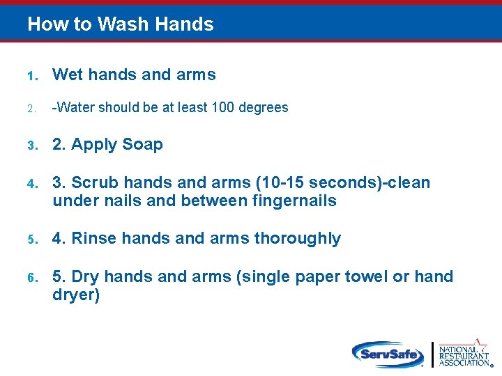 How to Wash Hands 1. Wet hands and arms 2. -Water should be at