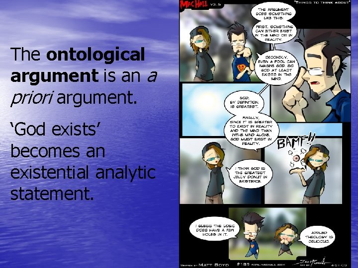 The ontological argument is an a priori argument. ‘God exists’ becomes an existential analytic