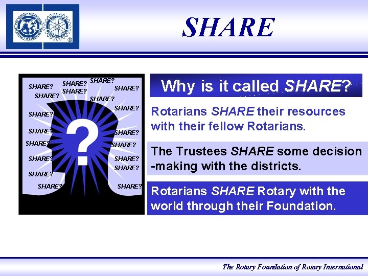 SHARE? SHARE? SHARE? SHARE? SHARE? SHARE? Why is it called SHARE? Rotarians SHARE their