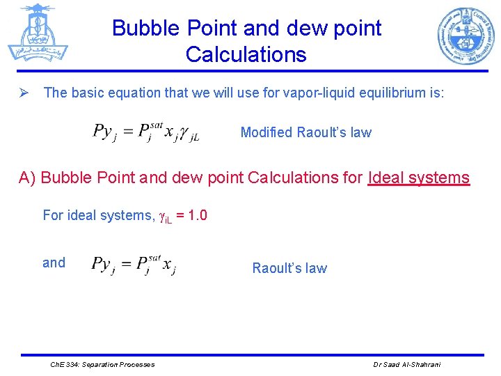 Bubble Point and dew point Calculations Ø The basic equation that we will use