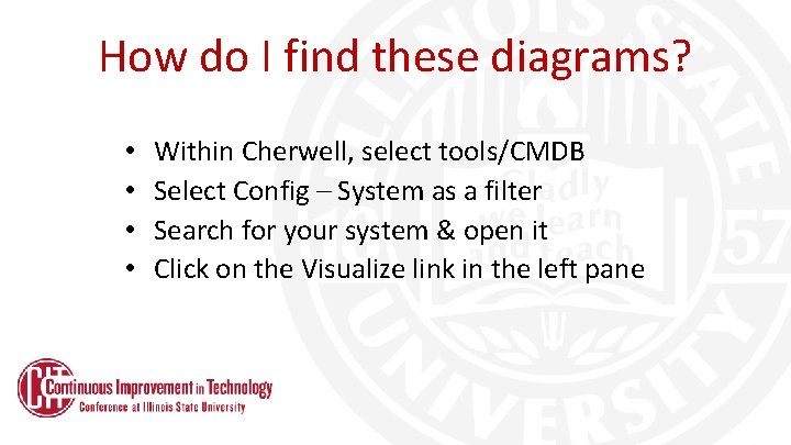 How do I find these diagrams? • • Within Cherwell, select tools/CMDB Select Config