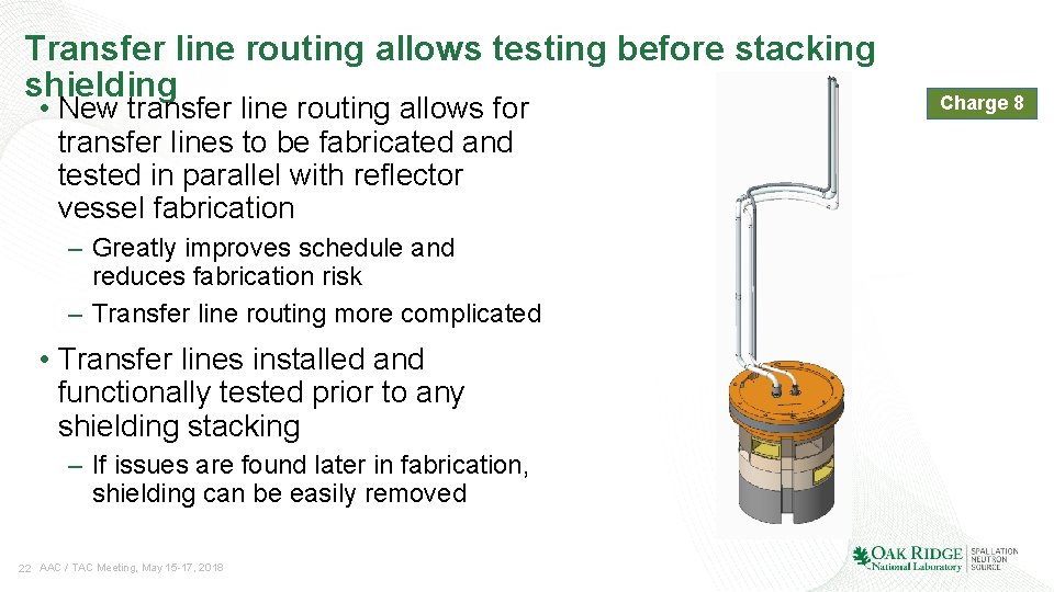 Transfer line routing allows testing before stacking shielding • New transfer line routing allows