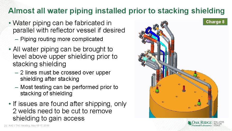 Almost all water piping installed prior to stacking shielding • Water piping can be