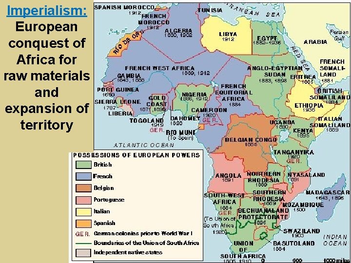 Imperialism: European conquest of Africa for raw materials and expansion of territory 