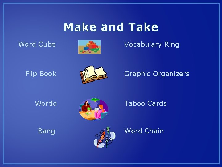 Make and Take Word Cube Flip Book Vocabulary Ring Graphic Organizers Wordo Taboo Cards