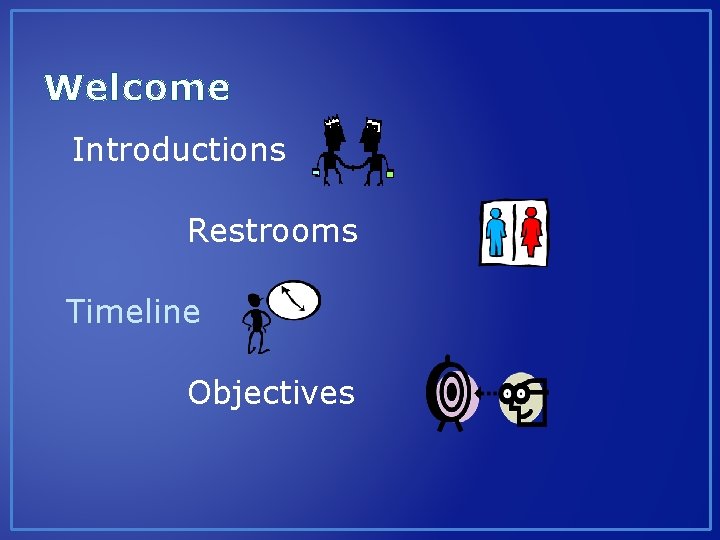 Welcome Introductions Restrooms Timeline Objectives 