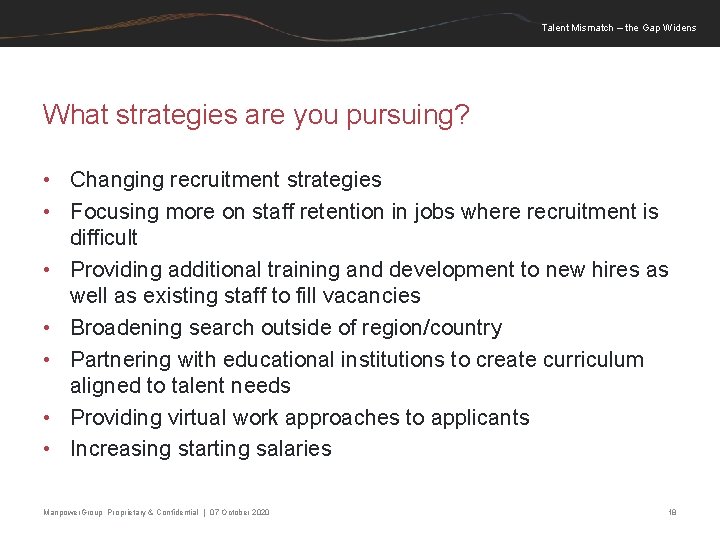 Talent Mismatch – the Gap Widens What strategies are you pursuing? • Changing recruitment