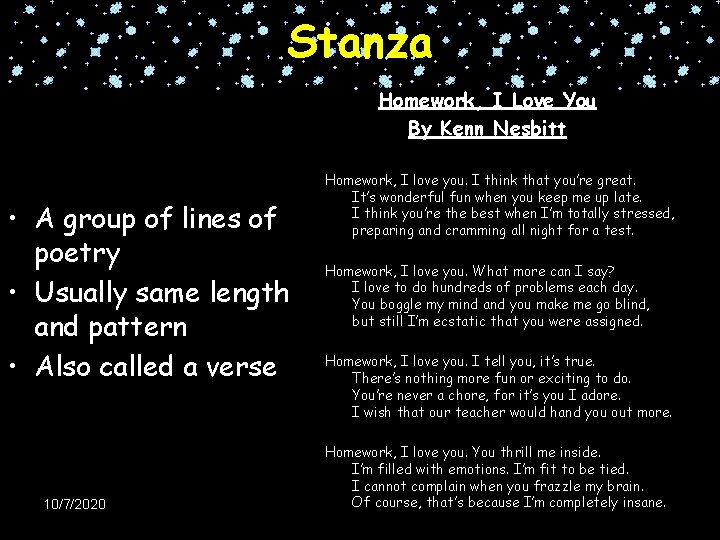 Stanza Homework, I Love You By Kenn Nesbitt • A group of lines of