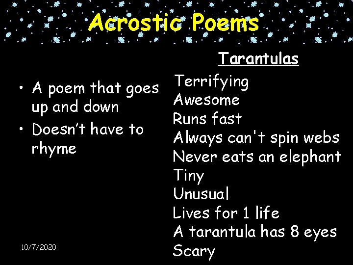 Acrostic Poems Tarantulas • A poem that goes Terrifying Awesome up and down Runs