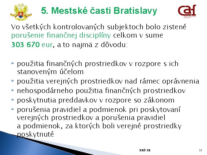 5. Mestské časti Bratislavy Vo všetkých kontrolovaných subjektoch bolo zistené porušenie finančnej disciplíny celkom