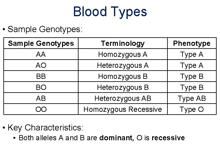 Blood Types • Sample Genotypes: Sample Genotypes AA AO BB BO AB OO Terminology