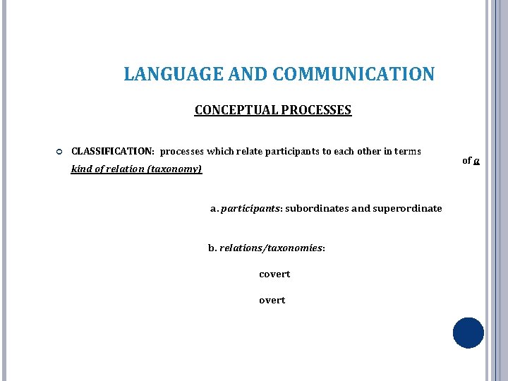 LANGUAGE AND COMMUNICATION CONCEPTUAL PROCESSES CLASSIFICATION: processes which relate participants to each other in LANGUAGE AND COMMUNICATION CONCEPTUAL PROCESSES CLASSIFICATION: processes which relate participants to each other in