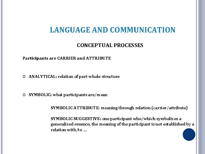 LANGUAGE AND COMMUNICATION CONCEPTUAL PROCESSES Participants are CARRIER and ATTRIBUTE ANALYTICAL: relation of part-whole LANGUAGE AND COMMUNICATION CONCEPTUAL PROCESSES Participants are CARRIER and ATTRIBUTE ANALYTICAL: relation of part-whole